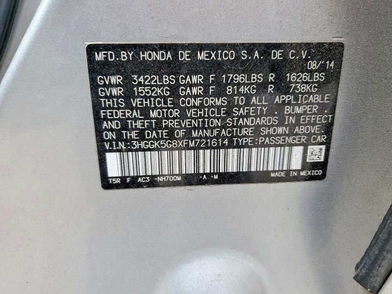 59664456 :رقم المزاد ، 3HGGK5G8XFM721614 vin ، 2015 Honda Fit مزاد بيع