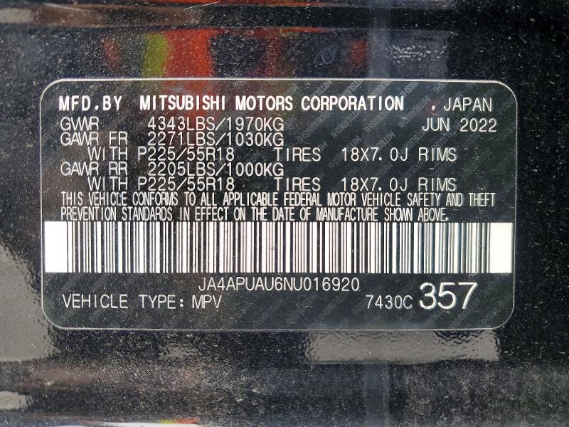 2022 Mitsubishi Outlander Sport მანქანა იყიდება აუქციონზე, vin: JA4APUAU6NU016920, აუქციონის ნომერი: 60764996