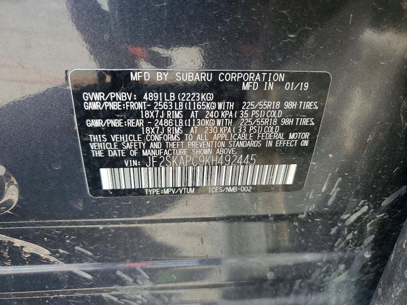 2019 Subaru Forester მანქანა იყიდება აუქციონზე, vin: JF2SKAPC9KH492445, აუქციონის ნომერი: 59630746