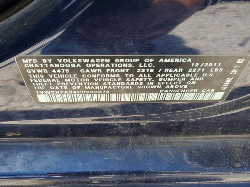 Aukcja sprzedaży 2012 Volkswagen Passat, vin: 1VWCH7A34CC033378, numer aukcji: 61717596