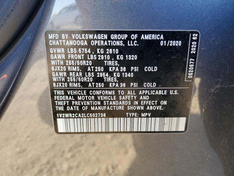 2020 Volkswagen Atlas მანქანა იყიდება აუქციონზე, vin: 1V2WR2CA2LC502736, აუქციონის ნომერი: 60775386