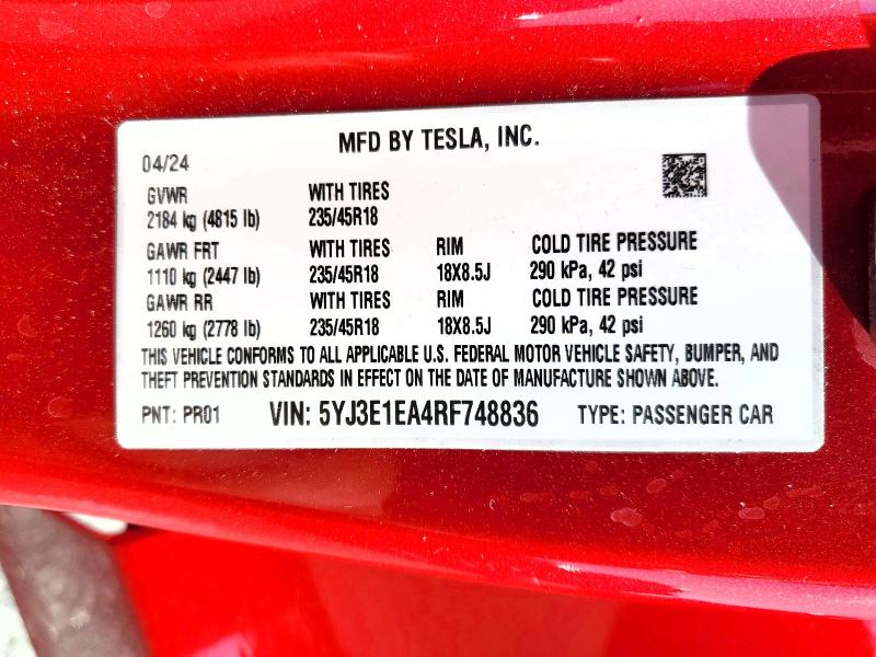 Aukcja sprzedaży 2024 Tesla Model 3, vin: 5YJ3E1EA4RF748836, numer aukcji: 60090496