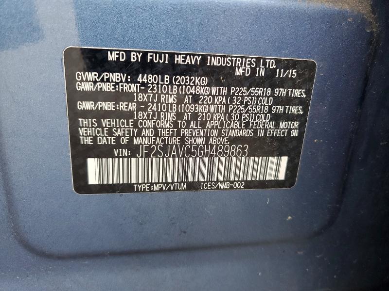 2016 Subaru Forester მანქანა იყიდება აუქციონზე, vin: JF2SJAVC5GH489863, აუქციონის ნომერი: 60360206