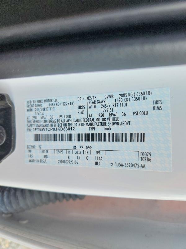 2018 Ford F150 მანქანა იყიდება აუქციონზე, vin: 1FTEW1CP0JKD83012, აუქციონის ნომერი: 60291206