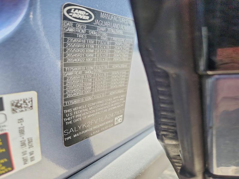 Aukcja sprzedaży 2020 Land Rover Range Rover Velar, vin: SALYK2FV1LA247837, numer aukcji: 61672516
