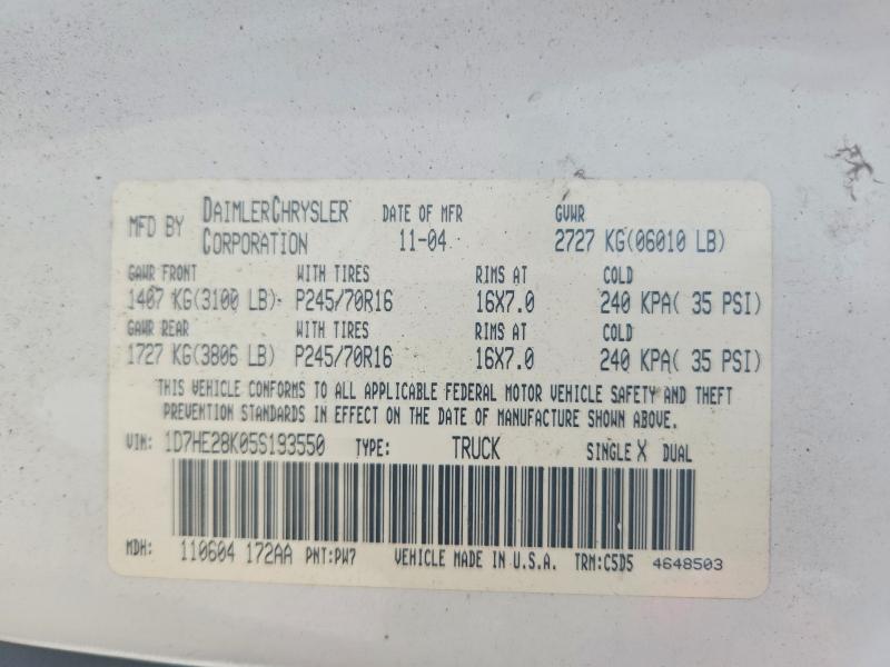 2005 Dodge Dakota მანქანა იყიდება აუქციონზე, vin: 1D7HE28K05S193550, აუქციონის ნომერი: 62286926