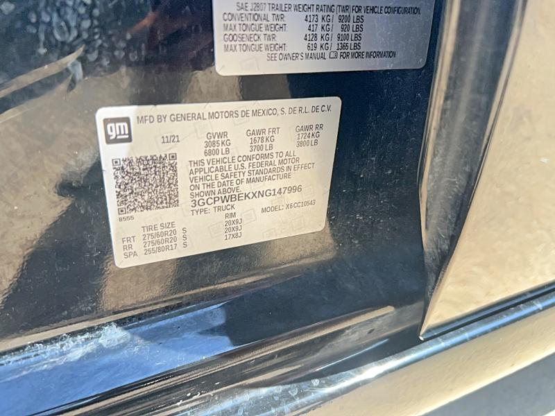 2022 Chevrolet Silverado Ltd მანქანა იყიდება აუქციონზე, vin: 3GCPWBEKXNG147996, აუქციონის ნომერი: 62695726