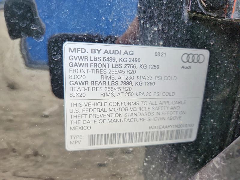 63342256 :رقم المزاد ، WA1EAAFY1N2010760 vin ، 2022 Audi Q5 مزاد بيع