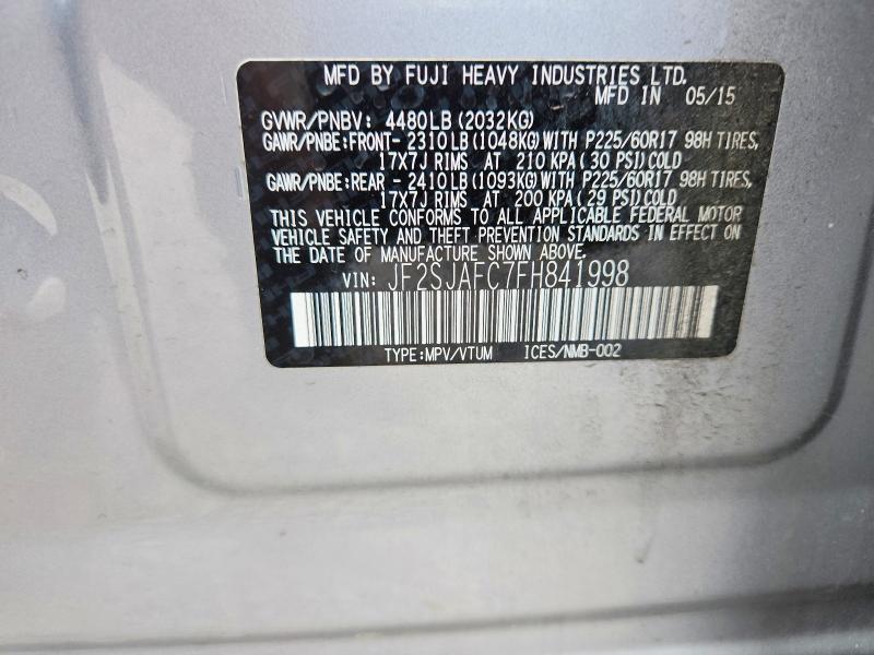 2015 Subaru Forester მანქანა იყიდება აუქციონზე, vin: JF2SJAFC7FH841998, აუქციონის ნომერი: 59282906