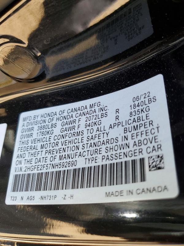 2022 Honda Civic მანქანა იყიდება აუქციონზე, vin: 2HGFE2F57NH592690, აუქციონის ნომერი: 62331286