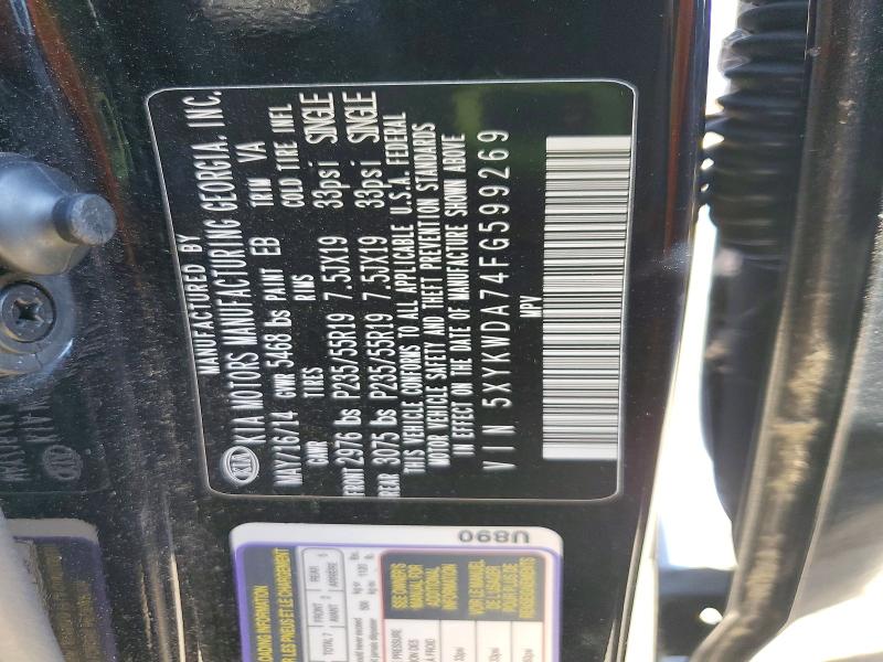 60854396 :رقم المزاد ، 5XYKWDA74FG599269 vin ، 2015 Kia Sorento مزاد بيع