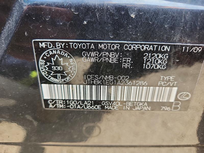 60046056 :رقم المزاد ، JTHBK1EG1A2361286 vin ، 2010 Lexus Es مزاد بيع
