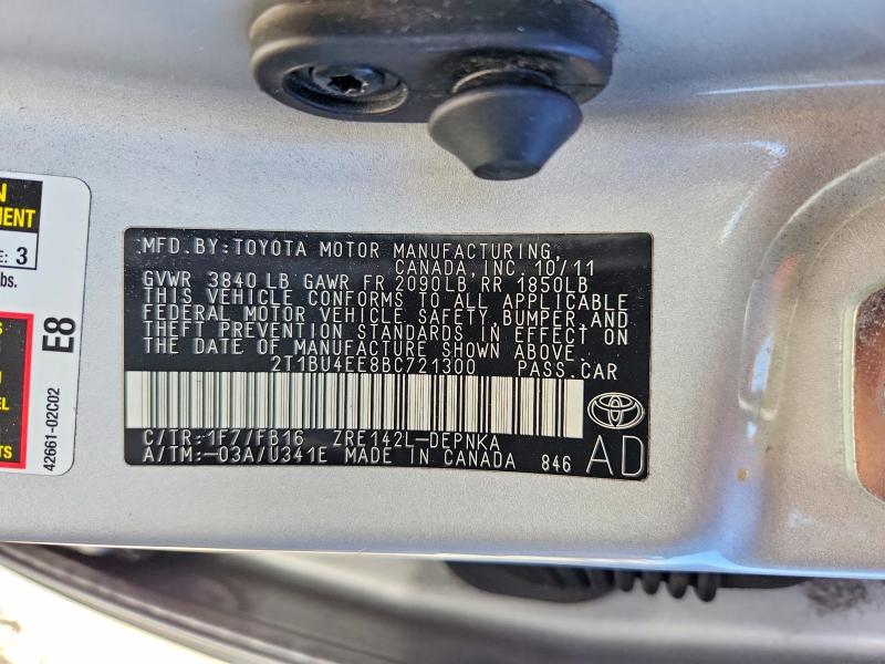 62616736 :رقم المزاد ، 2T1BU4EE8BC721300 vin ، 2011 Toyota Corolla مزاد بيع