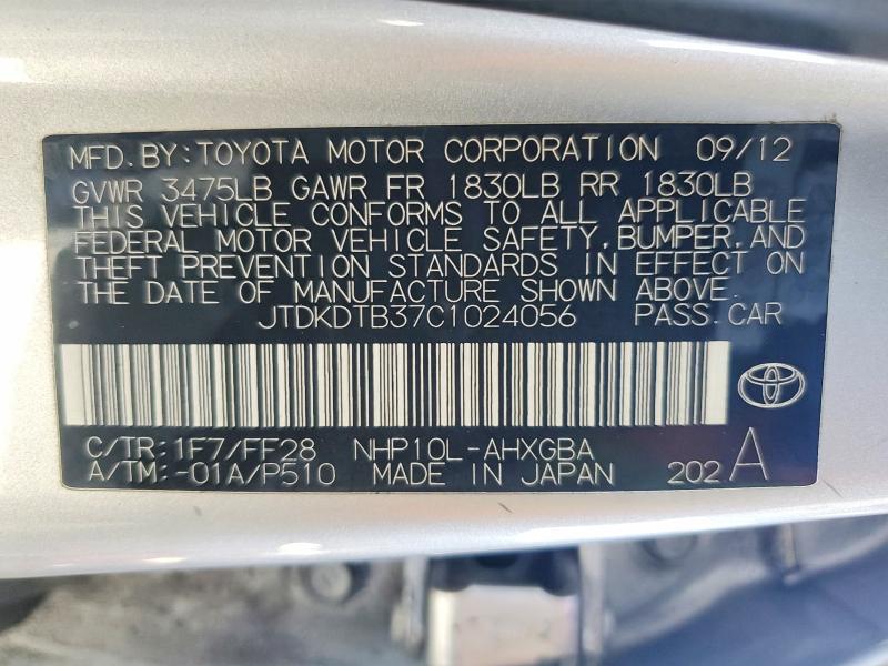 62286486 :رقم المزاد ، JTDKDTB37C1024056 vin ، 2012 Toyota Prius C مزاد بيع