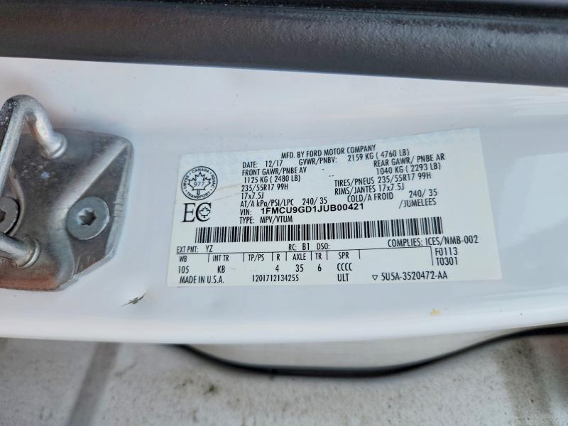 Продажа на аукционе авто 2018 Ford Escape, vin: 1FMCU9GD1JUB00421, номер лота: 61403296