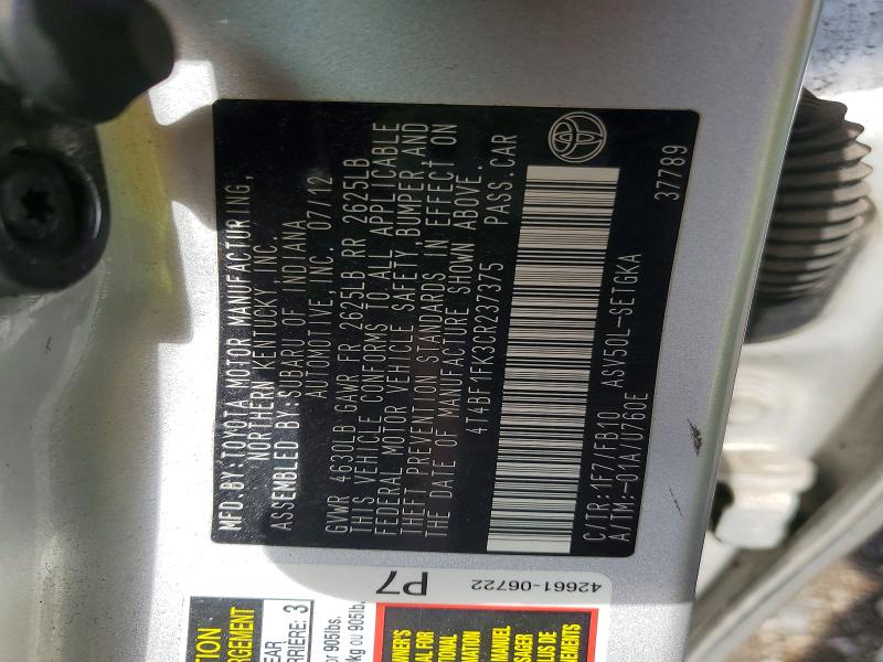 Aukcja sprzedaży 2012 Toyota Camry, vin: 4T4BF1FK3CR237375, numer aukcji: 60242226