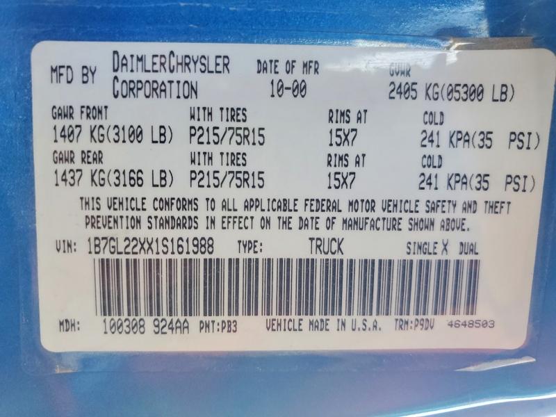 59676746 :رقم المزاد ، 1B7GL22XX1S161988 vin ، 2001 Dodge Dakota مزاد بيع