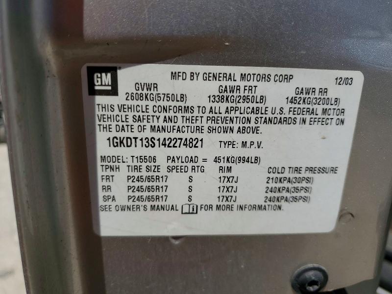 2004 Gmc Envoy მანქანა იყიდება აუქციონზე, vin: 1GKDT13S142274821, აუქციონის ნომერი: 60564066