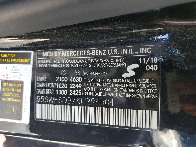 Продажа на аукционе авто 2019 Mercedes-benz C, vin: 55SWF8DB7KU294504, номер лота: 62617296