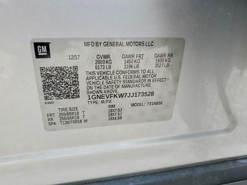 Aukcja sprzedaży 2018 Chevrolet Traverse, vin: 1GNEVFKW7JJ173528, numer aukcji: 60766306