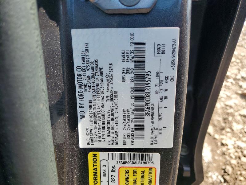 Aukcja sprzedaży 2020 Ford Fusion, vin: 3FA6P0CD8LR195795, numer aukcji: 59177316