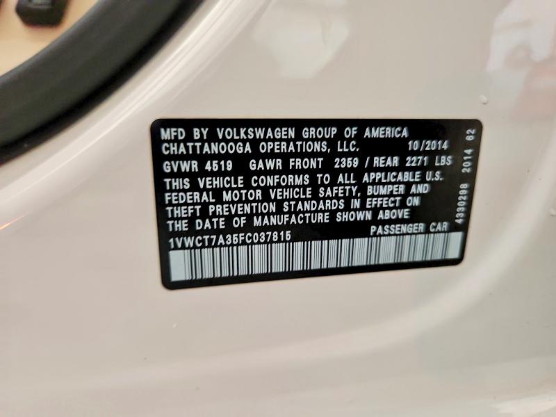 60641116 :رقم المزاد ، 1VWCT7A35FC037815 vin ، 2015 Volkswagen Passat مزاد بيع