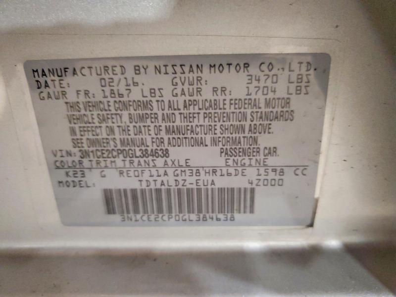62012076 :رقم المزاد ، 3N1CE2CP0GL384638 vin ، 2016 Nissan Versa Note مزاد بيع