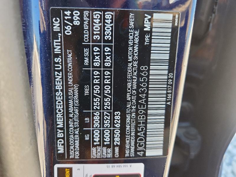 62887866 :رقم المزاد ، 4JGDA5HB9EA436568 vin ، 2014 Mercedes-benz Ml مزاد بيع