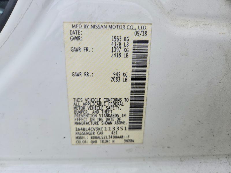 2019 Nissan Altima მანქანა იყიდება აუქციონზე, vin: 1N4BL4CV3KC113351, აუქციონის ნომერი: 63432366
