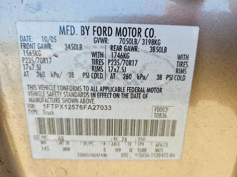 60256596 :رقم المزاد ، 1FTPX12576FA27033 vin ، 2006 Ford F150 مزاد بيع