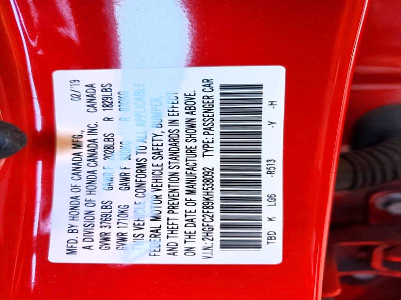Aukcja sprzedaży 2019 Honda Civic, vin: 2HGFC2F89KH538092, numer aukcji: 63609786