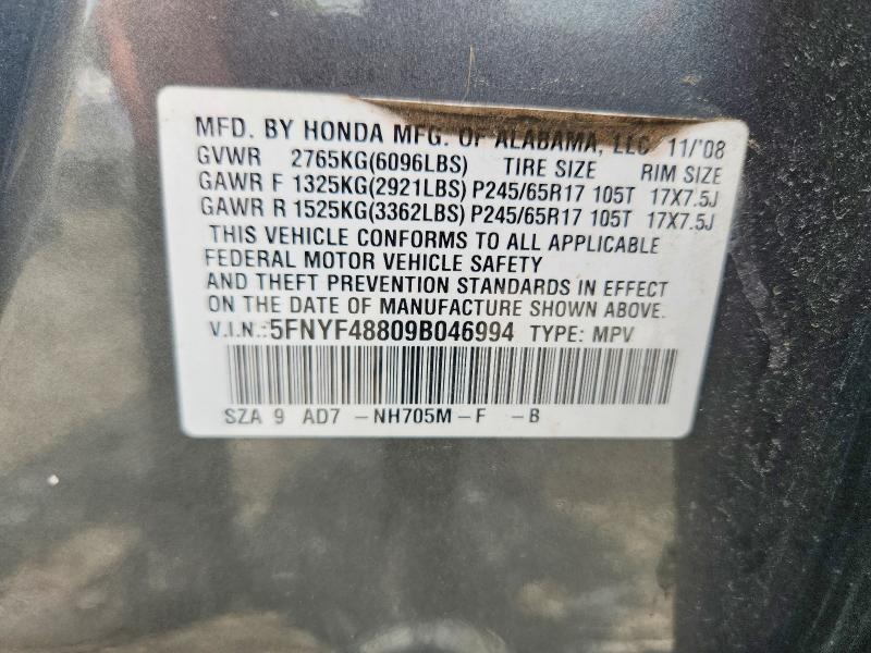 2009 Honda Pilot მანქანა იყიდება აუქციონზე, vin: 5FNYF48809B046994, აუქციონის ნომერი: 60455886