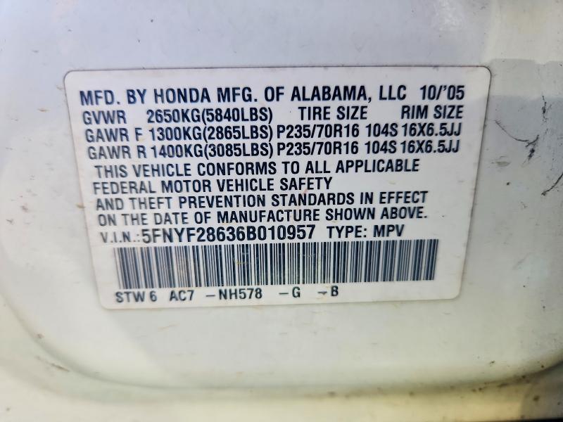 62527796 :رقم المزاد ، 5FNYF28636B010957 vin ، 2006 Honda Pilot مزاد بيع