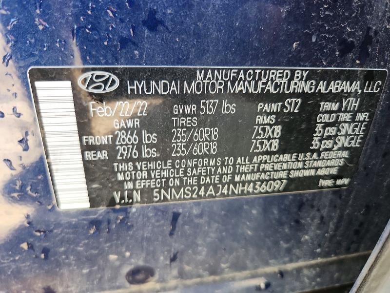 2022 Hyundai Santa Fe მანქანა იყიდება აუქციონზე, vin: 5NMS24AJ4NH436097, აუქციონის ნომერი: 59386036