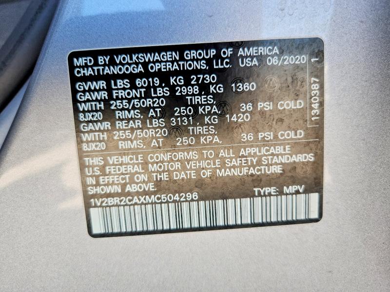 59652346 :رقم المزاد ، 1V2BR2CAXMC504296 vin ، 2021 Volkswagen Atlas مزاد بيع
