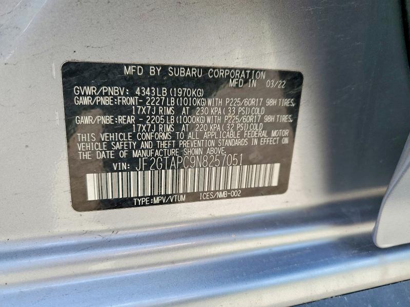 Aukcja sprzedaży 2022 Subaru Crosstrek, vin: JF2GTAPC9N8257051, numer aukcji: 61478176