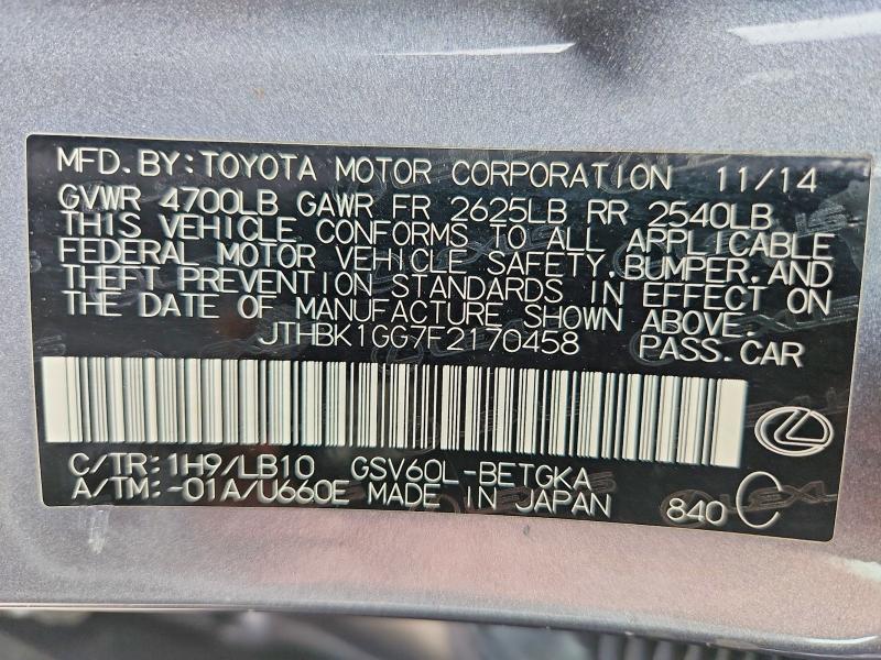 2015 Lexus Es მანქანა იყიდება აუქციონზე, vin: JTHBK1GG7F2170458, აუქციონის ნომერი: 61191566