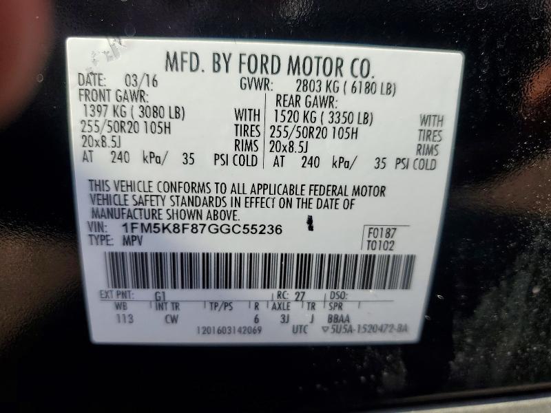 2016 Ford Explorer მანქანა იყიდება აუქციონზე, vin: 1FM5K8F87GGC55236, აუქციონის ნომერი: 62044316