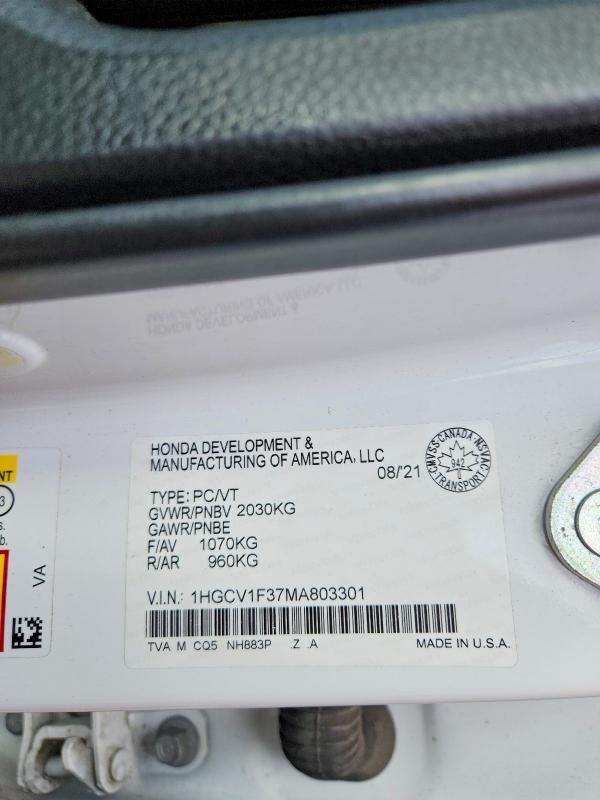 58405906 :رقم المزاد ، 1HGCV1F37MA803301 vin ، 2021 Honda Accord مزاد بيع