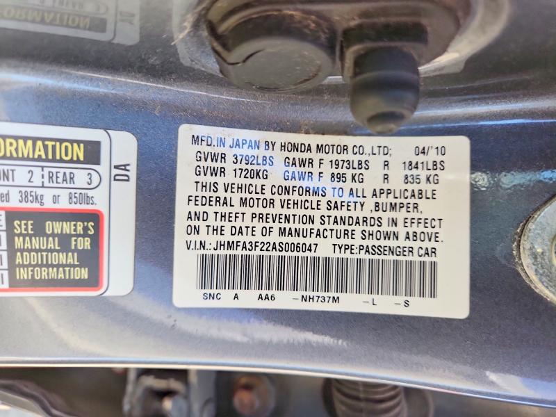 Продаж на аукціоні авто 2010 Honda Civic, vin: JHMFA3F22AS006047, номер лоту: 60136636