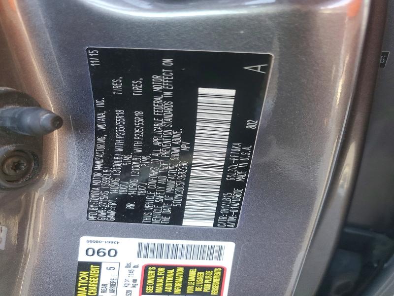 59399136 :رقم المزاد ، 5TDYK3DC5FS682396 vin ، 2015 Toyota Sienna مزاد بيع