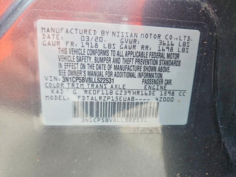 2020 Nissan Kicks მანქანა იყიდება აუქციონზე, vin: 3N1CP5BV8LL522531, აუქციონის ნომერი: 60209036