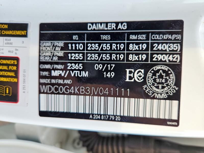 62631676 :رقم المزاد ، WDC0G4KB3JV041111 vin ، 2018 Mercedes-benz Glc مزاد بيع