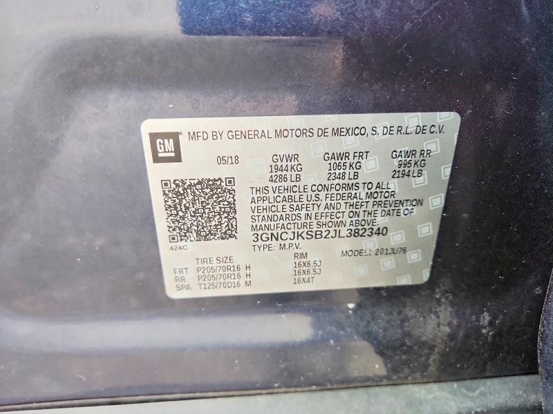2018 Chevrolet Trax მანქანა იყიდება აუქციონზე, vin: 3GNCJKSB2JL382340, აუქციონის ნომერი: 60920756
