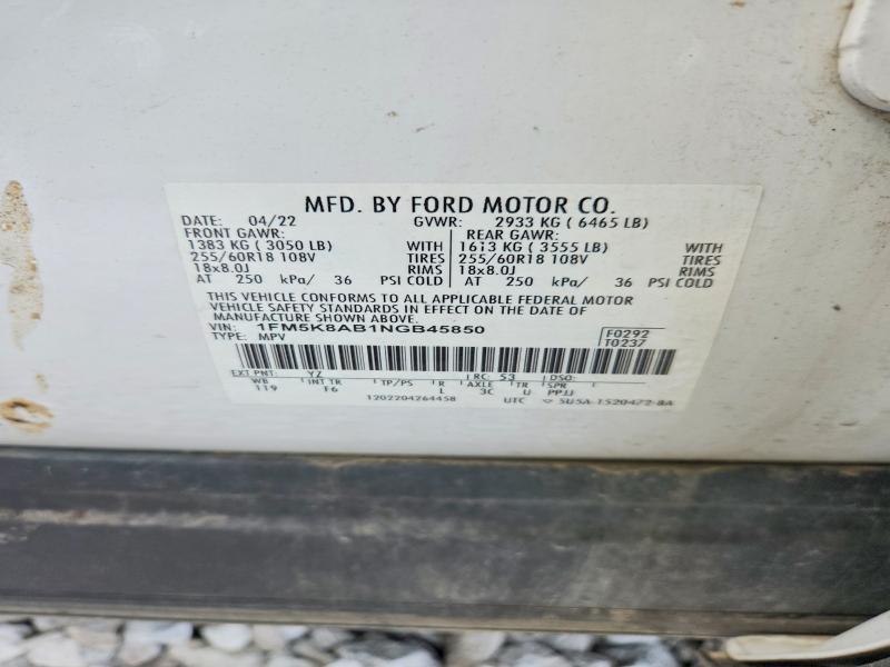 2022 Ford Explorer მანქანა იყიდება აუქციონზე, vin: 1FM5K8AB1NGB45850, აუქციონის ნომერი: 59724856