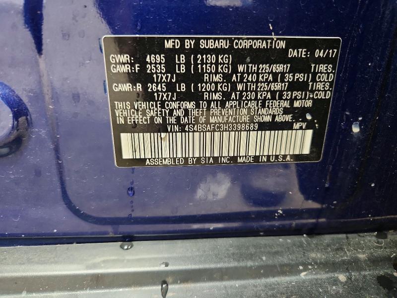 60148656 :رقم المزاد ، 4S4BSAFC3H3398689 vin ، 2017 Subaru Outback مزاد بيع