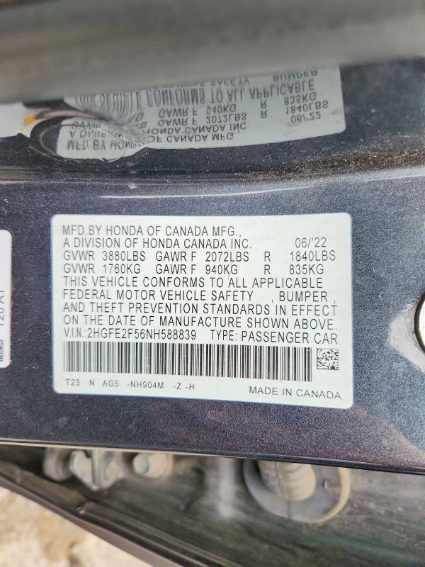 59092176 :رقم المزاد ، 2HGFE2F56NH588839 vin ، 2022 Honda Civic مزاد بيع