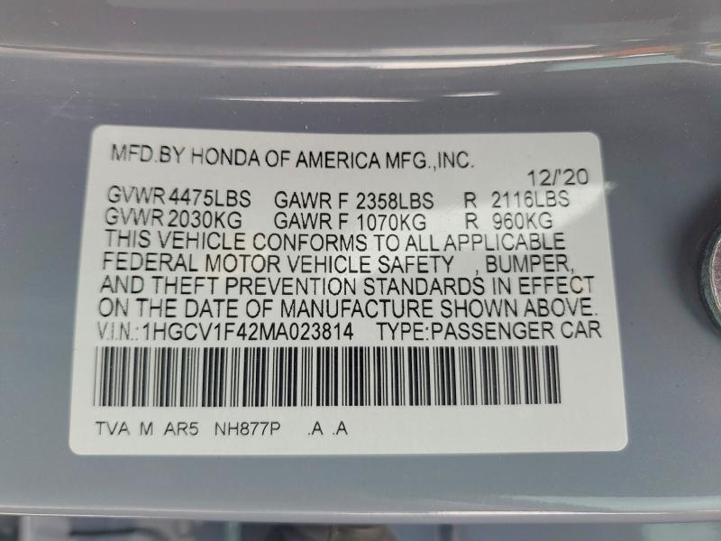 61518236 :رقم المزاد ، 1HGCV1F42MA023814 vin ، 2021 Honda Accord مزاد بيع