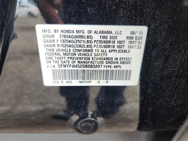 Продаж на аукціоні авто 2013 Honda Pilot, vin: 5FNYF4H52DB083897, номер лоту: 60965816