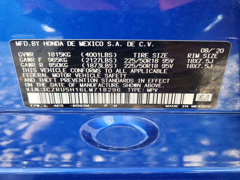 61085846 :رقم المزاد ، 3CZRU5H16LM718296 vin ، 2020 Honda Hr-v مزاد بيع